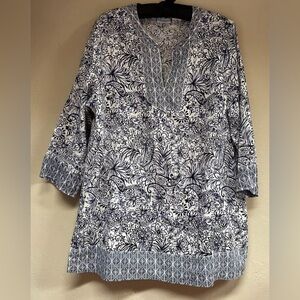Sigrid Olsen Womens Large 3/4 sleeve Split Neck Floral Paisley Linen Tunic Top